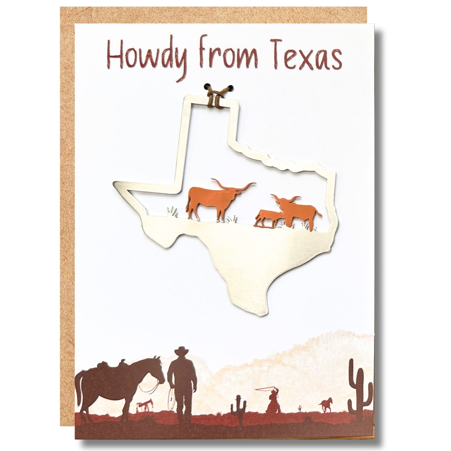 a greeting card with a map of texas and cattle