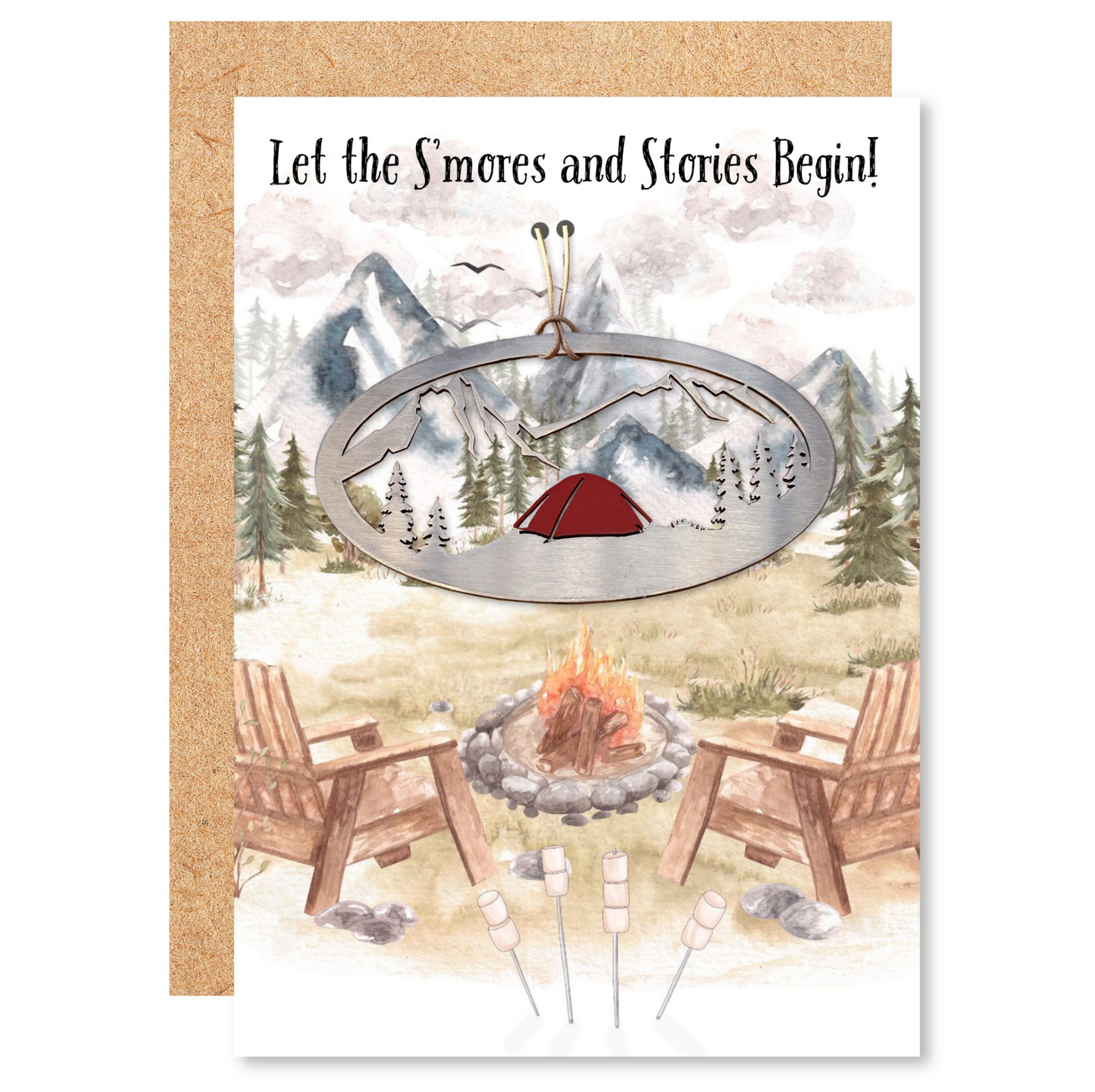 a card with a campfire and a tent