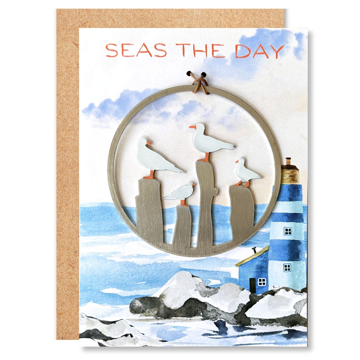 a card with a picture of seagulls and a lighthouse