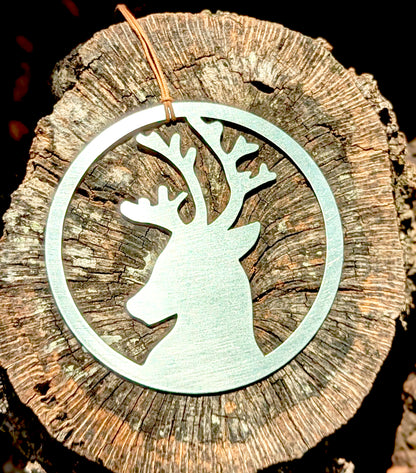 Deer close up, looking sideways,  stainless steel ornament, by Authenticaa