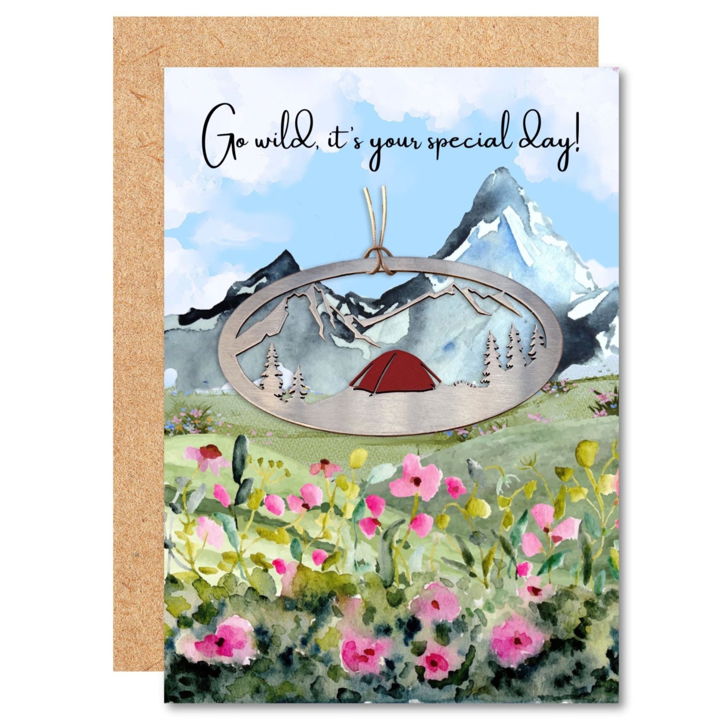 Birthday card with a mountain camping ornament