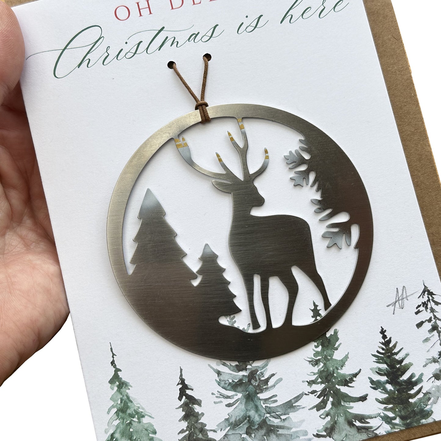 Christmas Card and Reindeer in Forest Ornament - Authenticaa