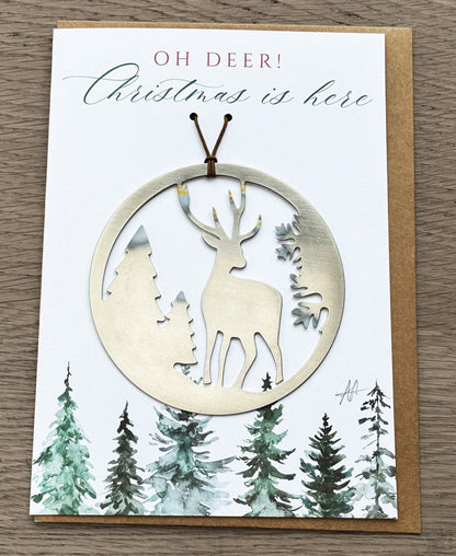 Christmas Card and Reindeer in Forest Ornament - Authenticaa