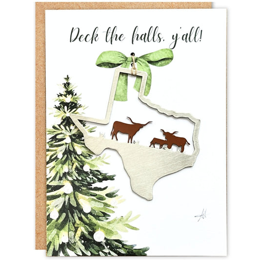 Deck The Halls Y'all Card and Texas Longhorn ornament - Authenticaa