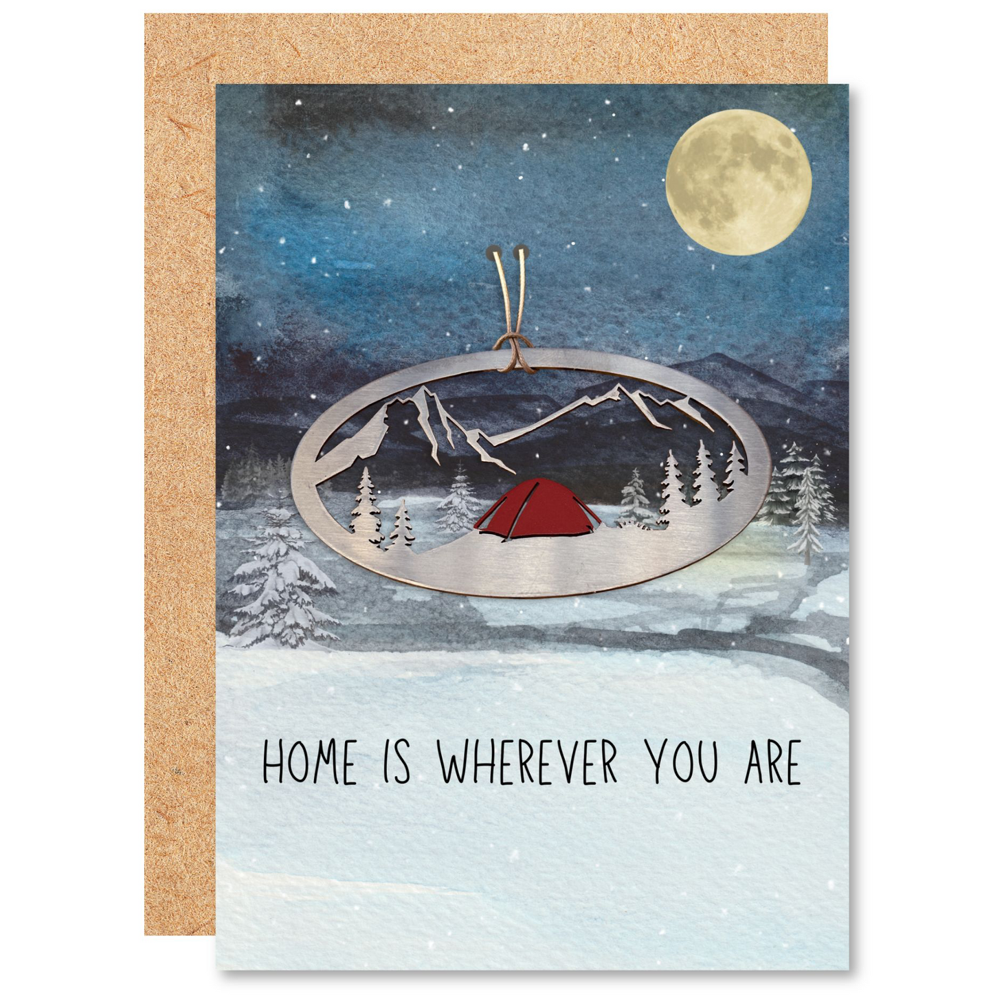 a card with a picture of a tent in the snow