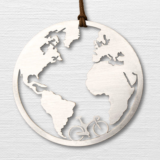 Biking the world ornament. Made of stainless steel