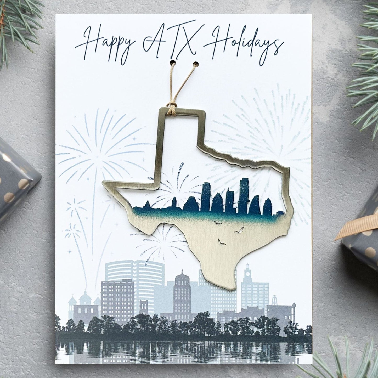 Happy ATX Holidays Card and Austin Skyline Ornament - Authenticaa