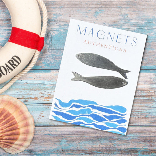 sardine magnets made of stainless steel and placed on an illustrated card