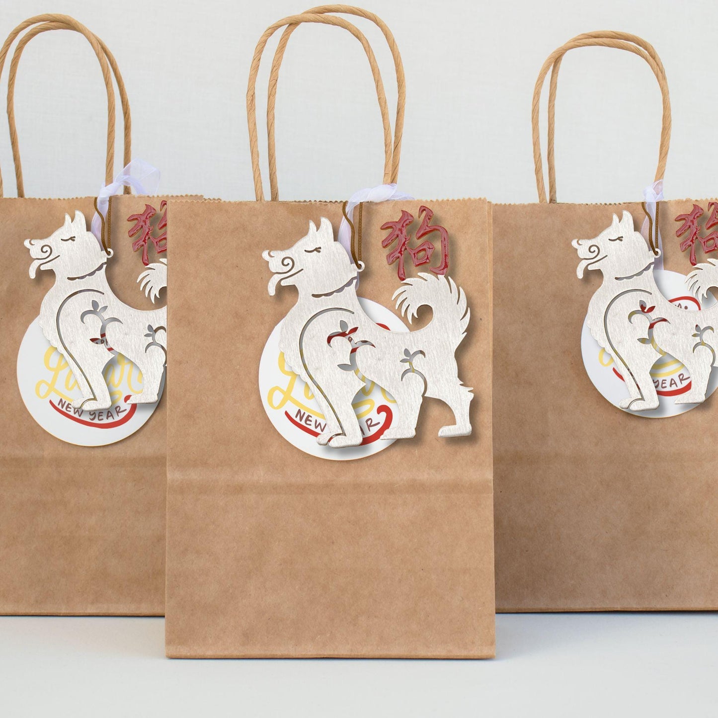 lunar year dog ornaments placed on gift bags