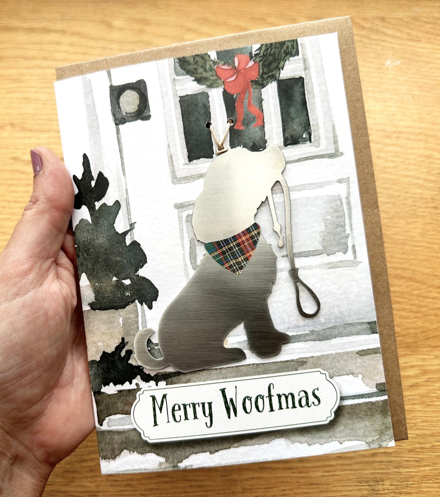 Merry Woof - mas Card with Dog Ornament - Authenticaa