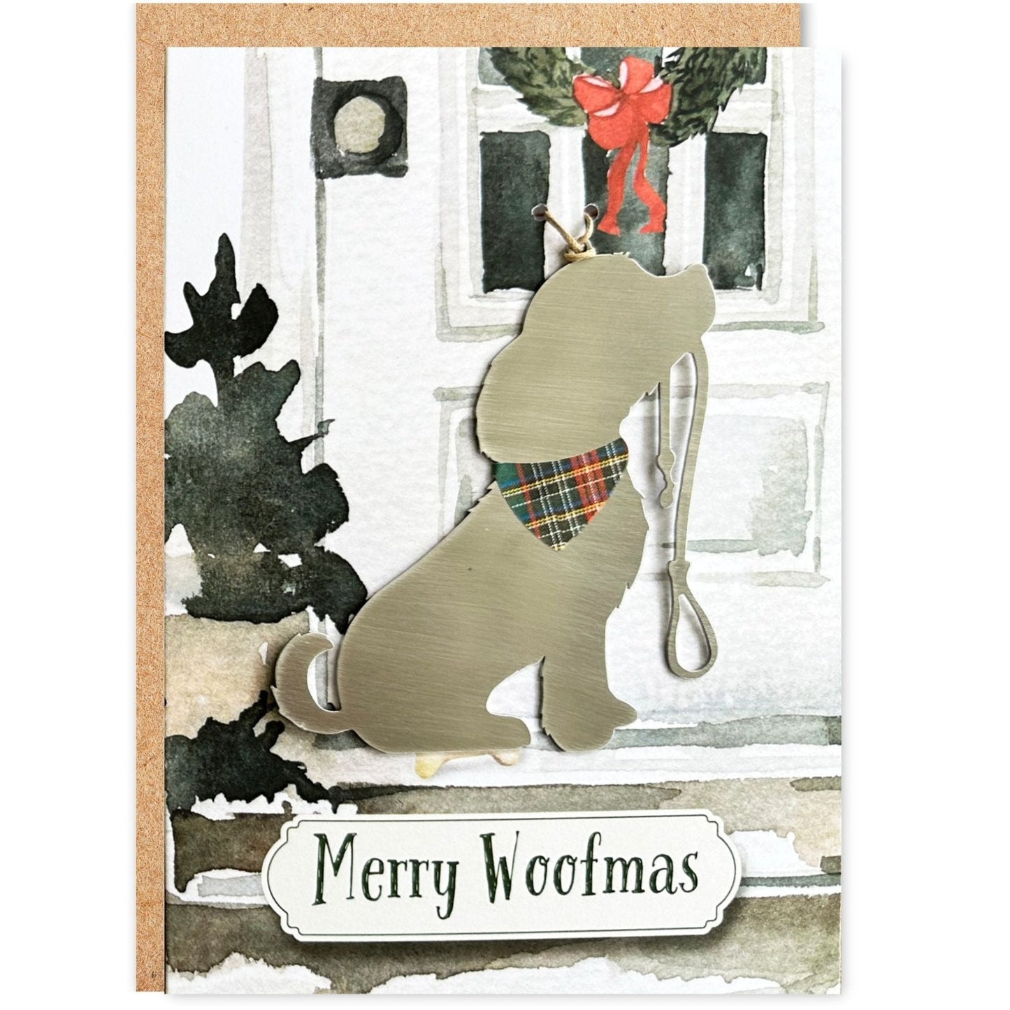 Merry Woof - mas Card with Dog Ornament - Authenticaa