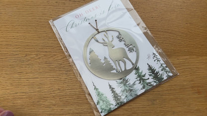 Christmas Card and Reindeer in Forest Ornament